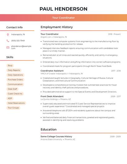 Tour Coordinator Resume