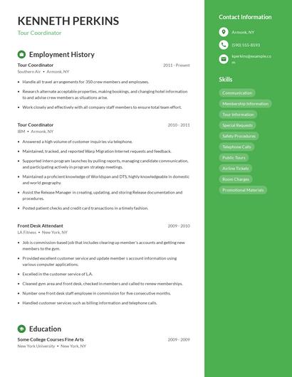 Tour Coordinator Resume