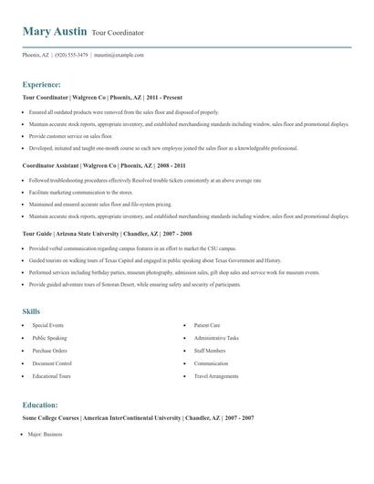 Tour Coordinator Resume