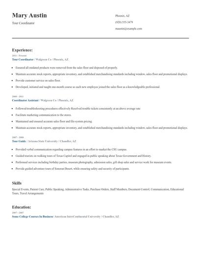 Tour Coordinator Resume