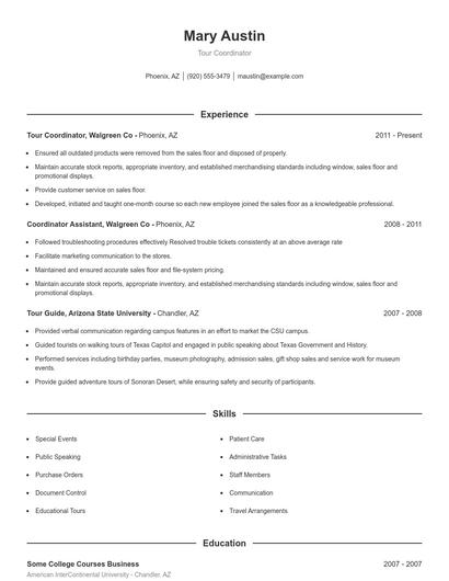 Tour Coordinator Resume