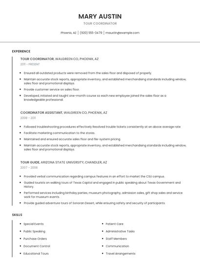 Tour Coordinator Resume