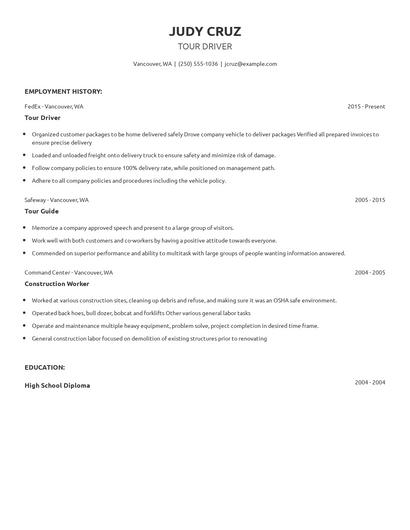 Tour Driver Resume