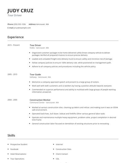 Tour Driver Resume