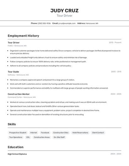 Tour Driver Resume