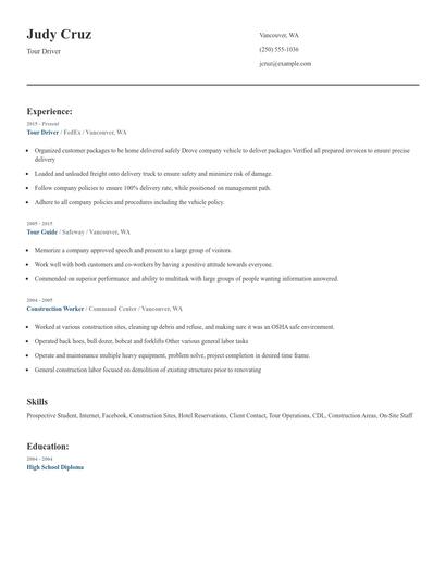 Tour Driver Resume