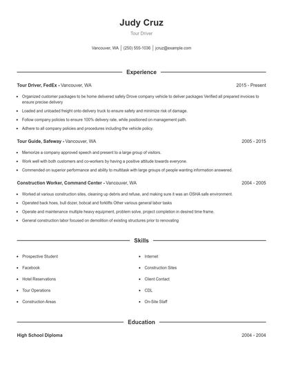 Tour Driver Resume