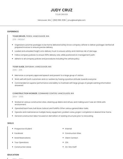 Tour Driver Resume
