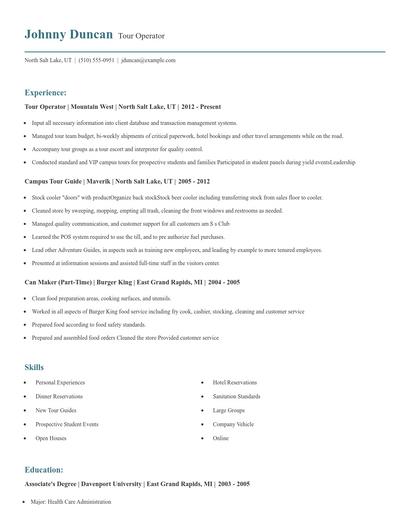 Tour Operator Resume