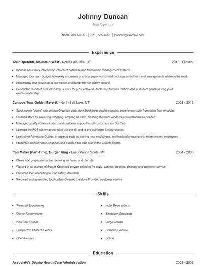 Tour Operator Resume
