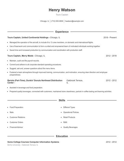 Tours Captain Resume