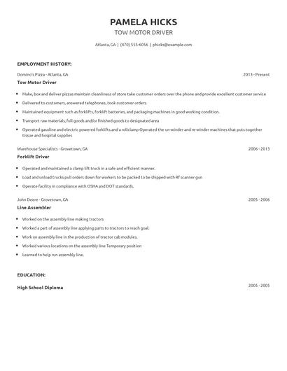 Tow Motor Driver Resume