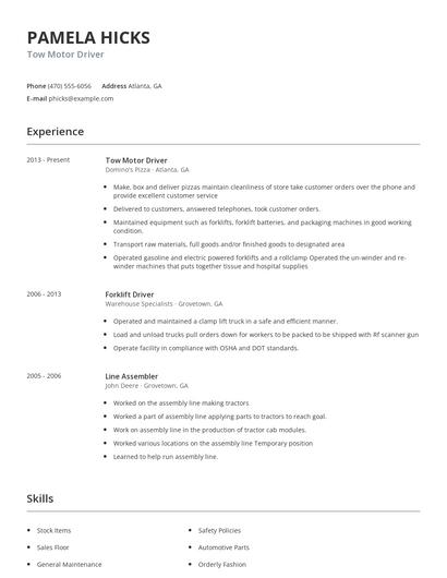 Tow Motor Driver Resume