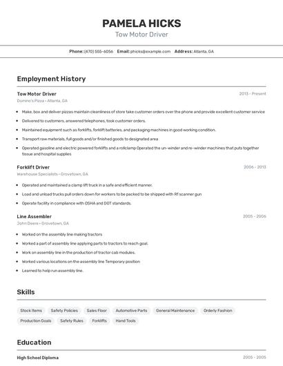 Tow Motor Driver Resume