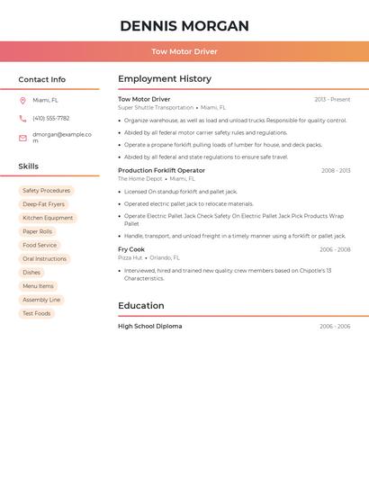 Tow Motor Driver Resume