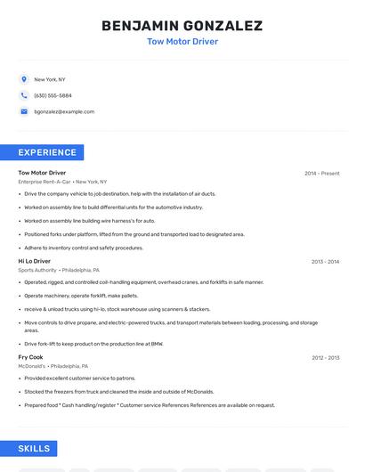 Tow Motor Driver Resume