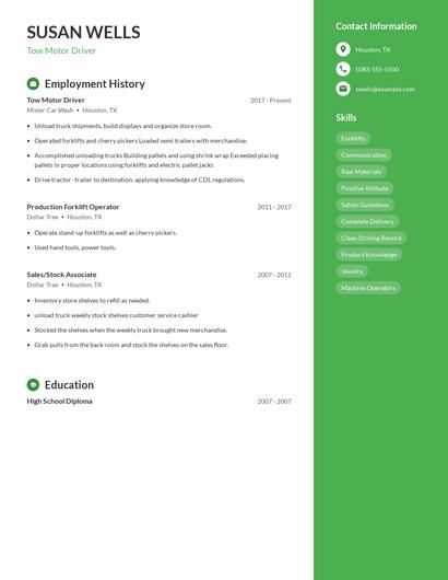 Tow Motor Driver Resume