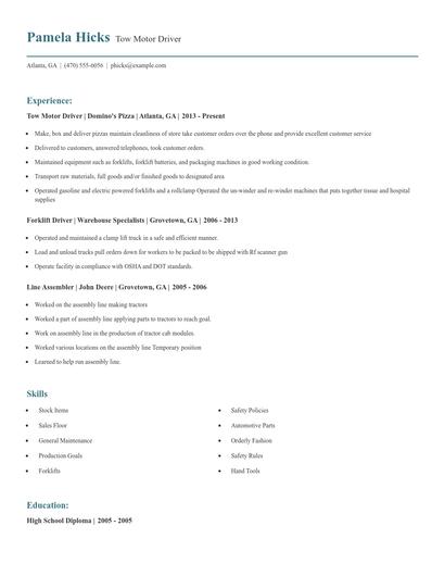 Tow Motor Driver Resume