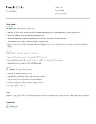 Tow Motor Driver Resume