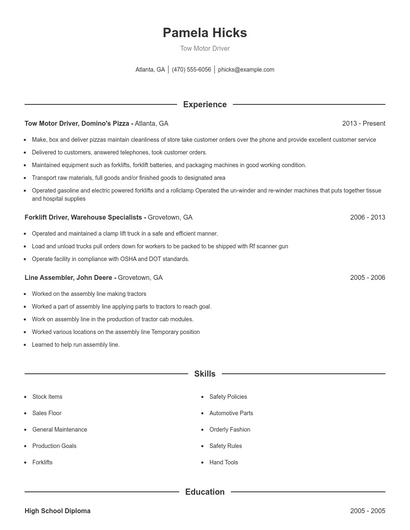 Tow Motor Driver Resume