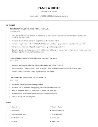 Tow Motor Driver Resume