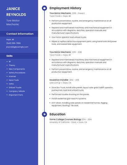 Tow Motor Mechanic Resume