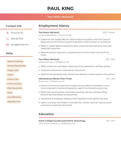 Tow Motor Mechanic Resume