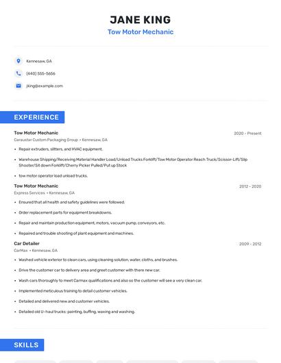 Tow Motor Mechanic Resume