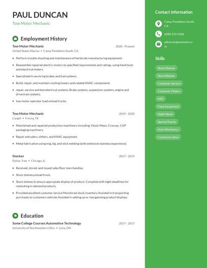Tow Motor Mechanic Resume