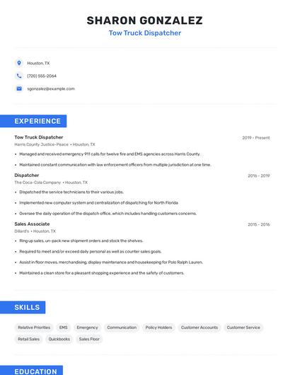 Tow Truck Dispatcher Resume