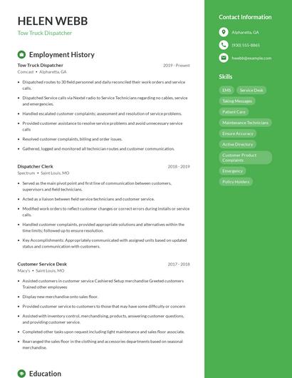 Tow Truck Dispatcher Resume