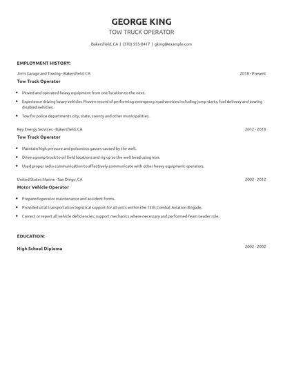 Tow Truck Operator Resume