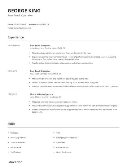 Tow Truck Operator Resume