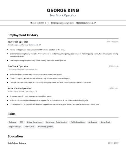 Tow Truck Operator Resume
