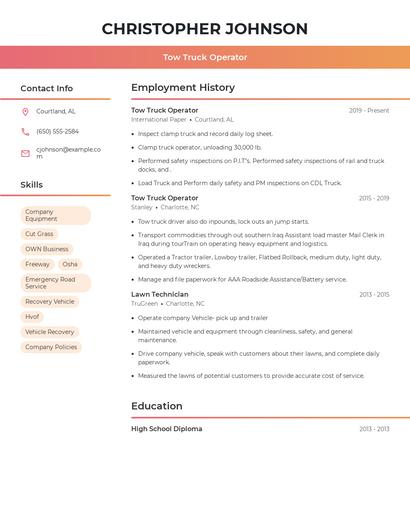 Tow Truck Operator Resume