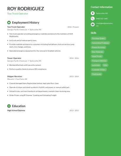 Tow Truck Operator Resume