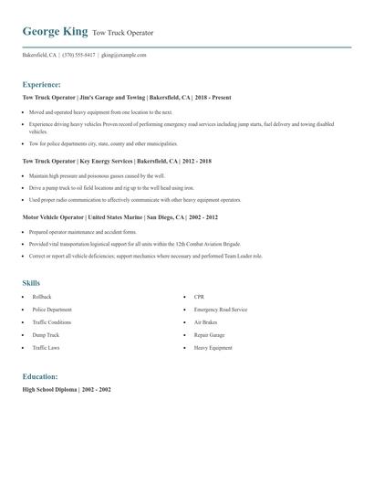 Tow Truck Operator Resume