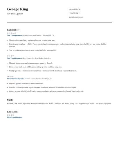 Tow Truck Operator Resume
