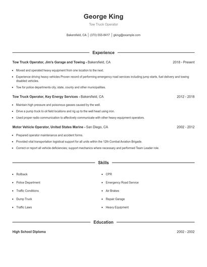 Tow Truck Operator Resume