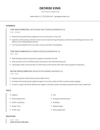 Tow Truck Operator Resume