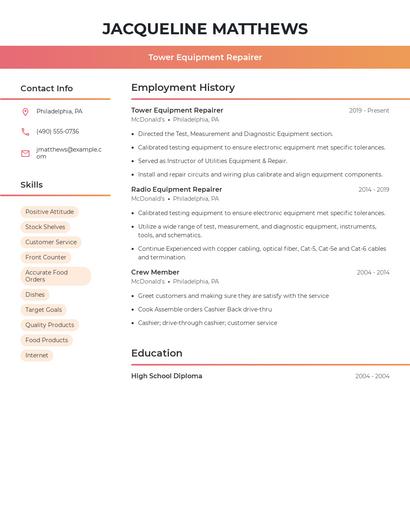 Tower Equipment Repairer Resume