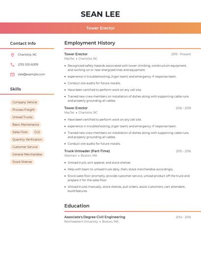 Tower Erector Resume