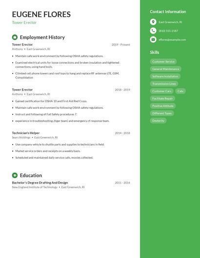 Tower Erector Resume
