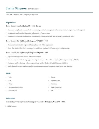 Tower Erector Resume