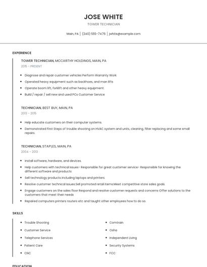 Tower Technician Resume