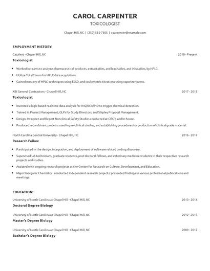 Toxicologist Resume