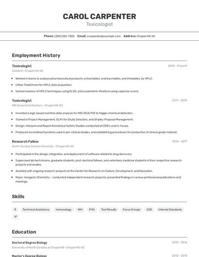 Toxicologist Resume
