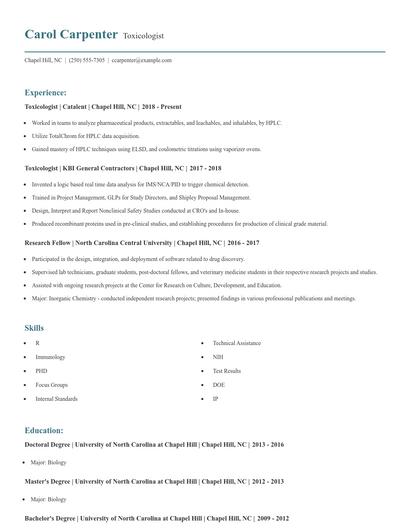 Toxicologist Resume