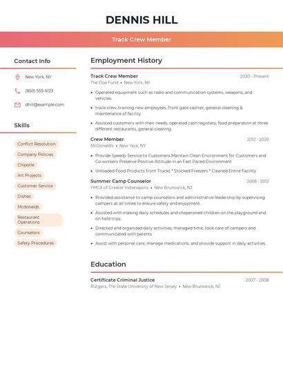 Track Crew Member Resume