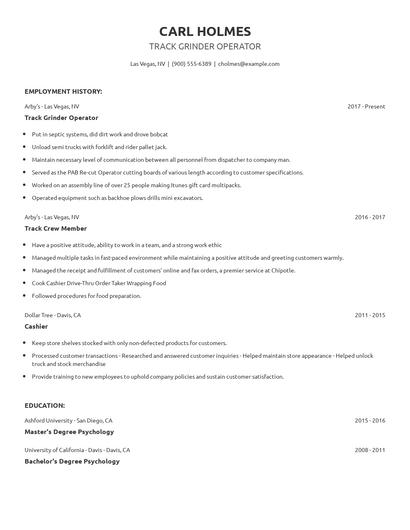 Track Grinder Operator Resume